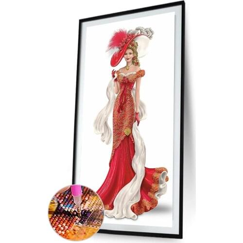 5D DIY Diamond Painting Red Dress Lady Full Round Drill Mosaic Wall Art Picture of Rhinestone Home Decoration