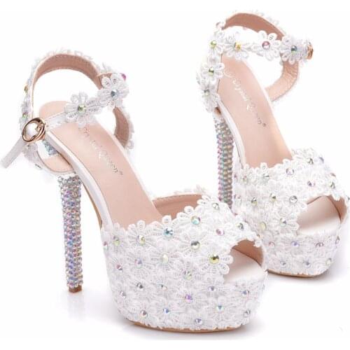Crystal Queen Womens Fashion Lace High Heels Sandals Sexy Platform Party Women Rhinestone Sandals Spring Summer Dress Shoes