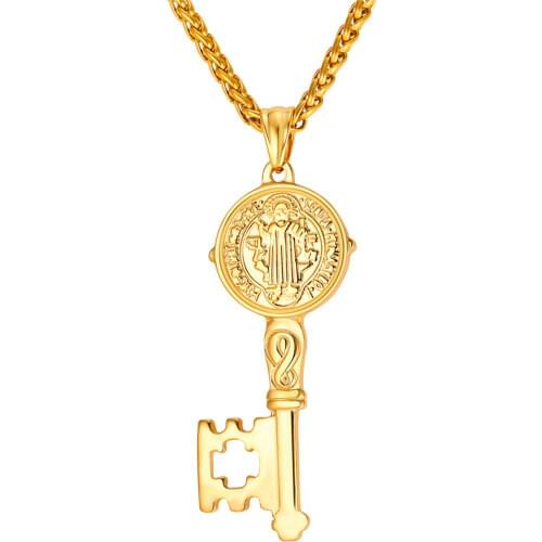 Collare St Medal Key Pendant Stainless Steel Gold/Black Color Men Jewelry Saint Benedict Medal Key Necklace Women P246