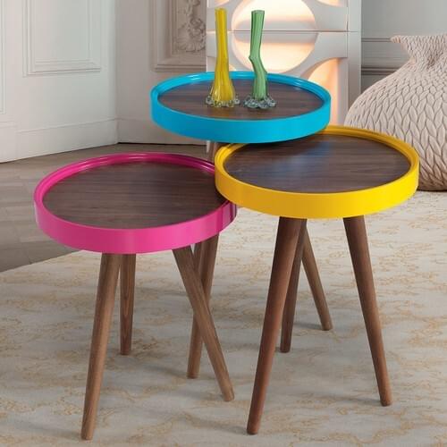 İnegöl Coffee Table Wood 3'lü Round Zigon Coffee Table Colorful Pollen C3
