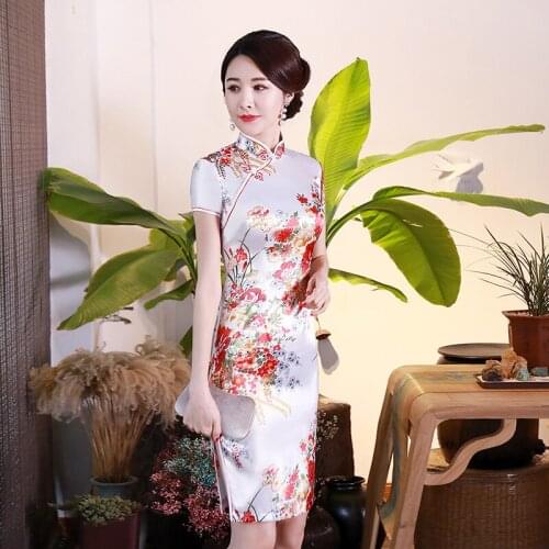 Short Style Satin Silk Chinese Traditional Dress for Women Tight Bodycon Female Cheongsam Qipao Oriental Kimono Bath Robe Gown