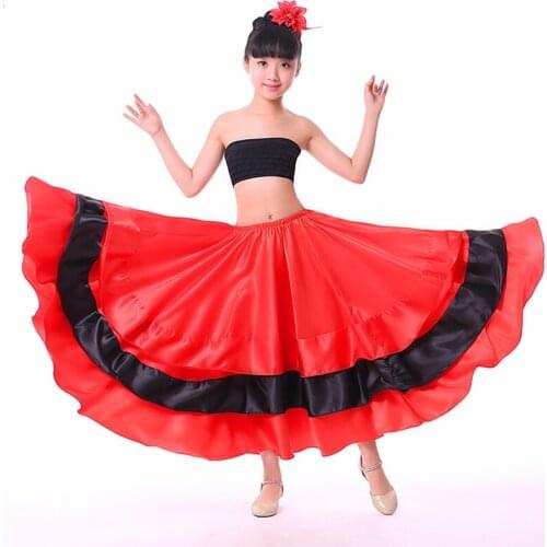 Red Flamenco Skirts Spain Kids Clothes Long Ballroom Girls Skirt Children Practice Wear 180/360/540/720degree Circle DNV11148