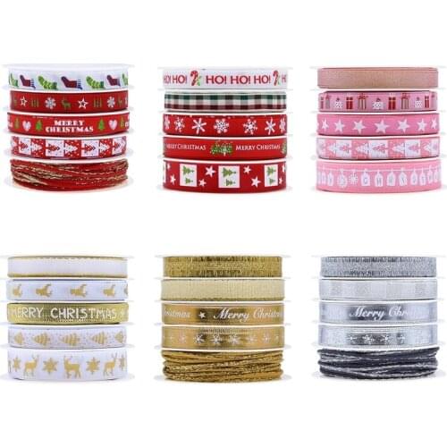 L5YA Polyester Printing Christmas Grosgrain Ribbons DIY Xmas Party Wrapping Decor Supplies Material Christmas Tree Star