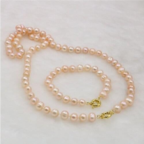 Natural Orange Fresh Water Pearl 7-8mm Set Necklace Bracelet Sweater Chain Round Beads Lady Gift Free Shipping 25inch Y508