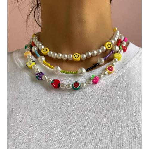 2021 New Pearl Smiley Beaded Necklace For Women Colorful Fruit Acrylic Seed Bead Strand Choker Chain Necklaces Bohemian Jewelry