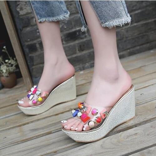 New Slipper Women 2021 Summer fashion platform slippers slope heel women shoes Rhinestone Transparent Wedges Slides women