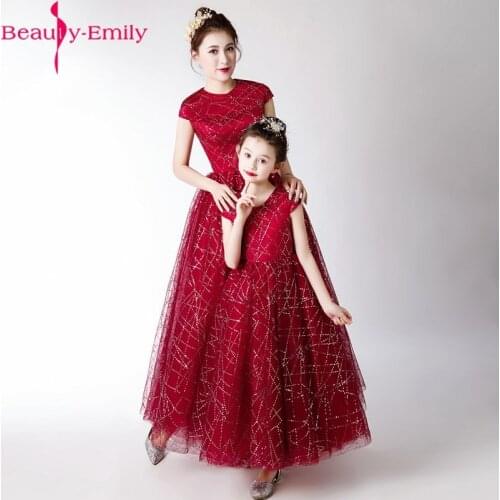 Charming O Neck Burgundy Flower Girl Dress 2020 Cute Tulle Short Sleeve Sequined Real Photo Girls Dresses for Party and Wedding