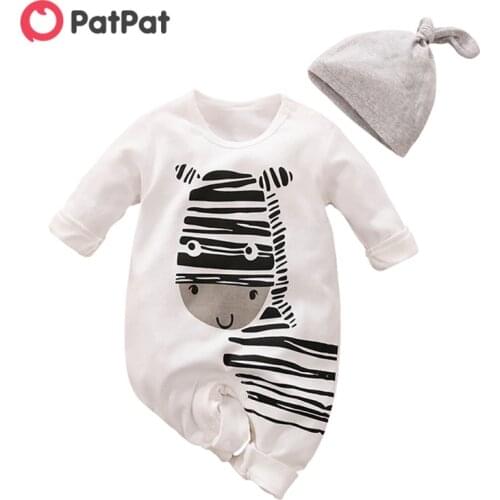 PatPat 2021 Playful Zebra Long Sleeve Cotton 2pcs Baby Girls Clothes Jumpsuit in White with Hat for Baby Newborn Outfits Set