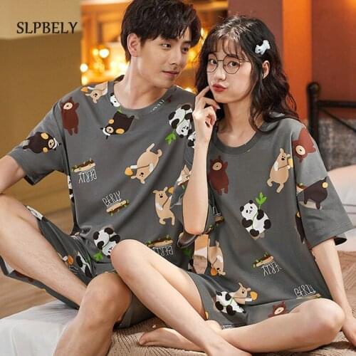 SLPBELY Couple Pajamas Set Summer Femme Male Pyjamas Cartoon Panda Printed Short Sleeved Homewear Lover Pijamas Sleepwear New