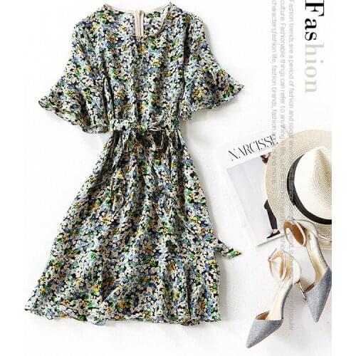 Retro floral French girls feeling 20 spring / summer new fresh printed lace up slim a dress