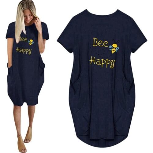 Summer Basic Casual Loose Dress Woman Bee Happy Lettetr Print Short Sleeve Knee Length Dresses For Women 2021 Dress Oversize