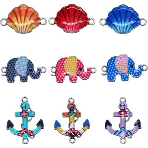 5pcs mixed color Enamel drop oil cute elephant shell ship sight charm connector for female girls DIY jewelry making bracelet