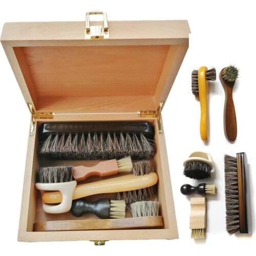 Handmade Strong And Durable Shoe Brush Storage Box Natural Wood Clamshell Cleaning Tool Toolkit Add 1 Set Shoe Brushes