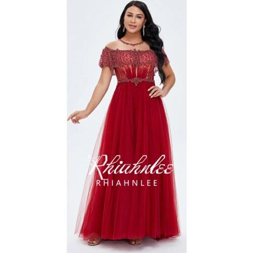 Rhiahnlee Dubai Beading Short Sleeve Evening Dresses Wine Red O Neck A Line Evening Gowns Sequin Diamont Long Formal Gowns