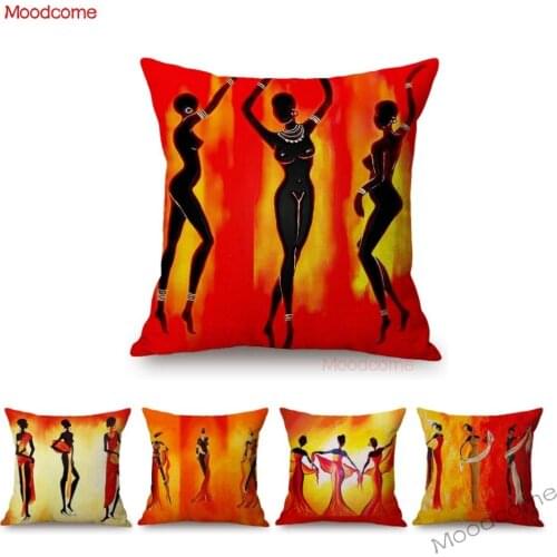 Sexy Africa Black Women Dancing Art Decoration Sofa Throw Pillow Case Orange African Girls Ladies Oil Painting Car Cushion Cover