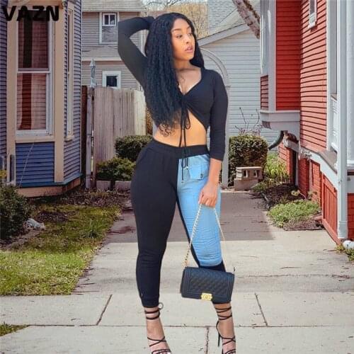 VAZN Sexy fashion 2020 Sexy lady 2 colors 2-piece set full sleeve elastic flaxible V-neck tops long pants set skinny casual sets