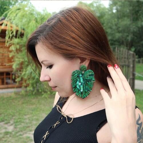 Boho Handmade bead Big Leaf Drop Earrings 2020 for Women Fashion Vintage Irregular Yellow Green Long Beads Earrings Jewelry