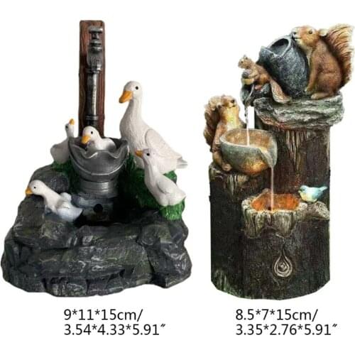 Animal Squirrel Duck Garden Statue with Solar Lights Waterfall Fountain Resin Figurine Ornament Outdoor Decorations