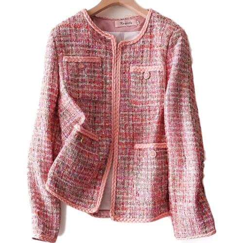 Tweed women jacket spring autumn o-neck small fragrance pink woolen coat new Wool classic jacket Ladies