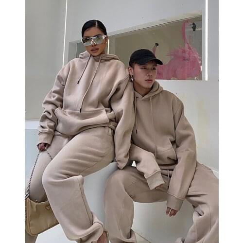 Autumn Winter Streetwear Unisex Women Men Joggers Two 2 Piece Sets Hooded Sweatshirt Pants Tracksuit Fleece Sweatpants Outfits