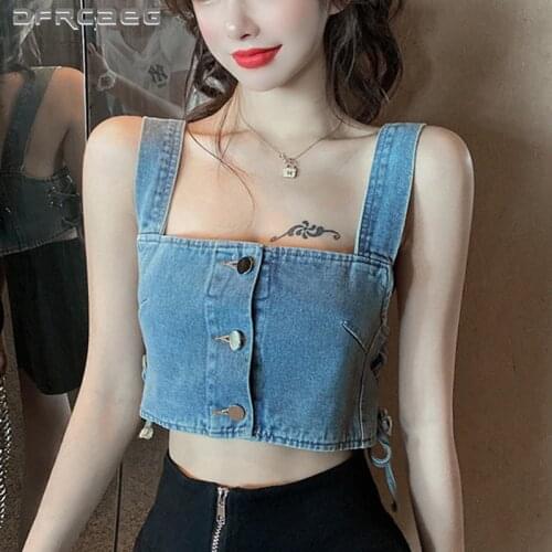 Streetwear Retro Denim Tanks Crop Top For Women 2021 Summer Sexy Sleeveless Slim Vintage Jeans Short Corset Clothes