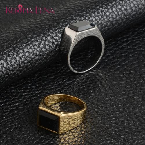 High Quality Fashion Brand Women Gold/Silver Color Stainless Steel Ring With Black Large Rectangle Stone Accessory