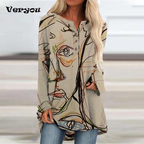 Ladies Placket Button Decoration Digital Printing Shirt Vintage Graphic Tees Graffiti Hand-print Women Long-sleeved T-shirt Top