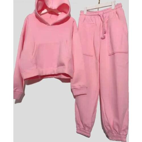 Free Shipping 2020 Winter Casual Solid Color Hooded Sweatshirt Set Women Short Pullover Sweatshirt & Pants Two-piece Sportswear