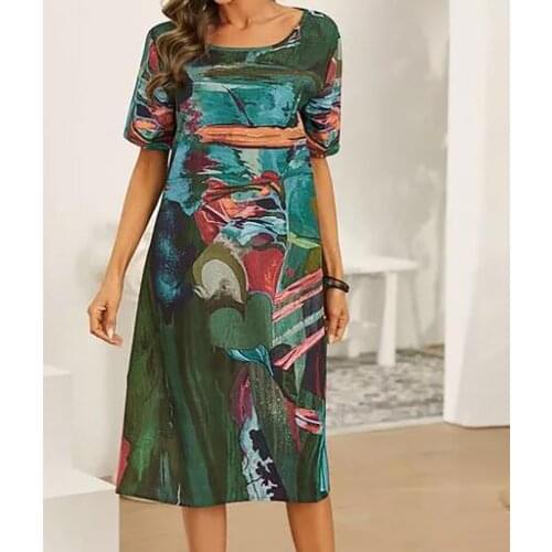 Summer Women Print Casual Dress Plus Size Short Sleeve O Neck Elegant Dresses For Women Clothing Vestidos Mujer Verano 2021
