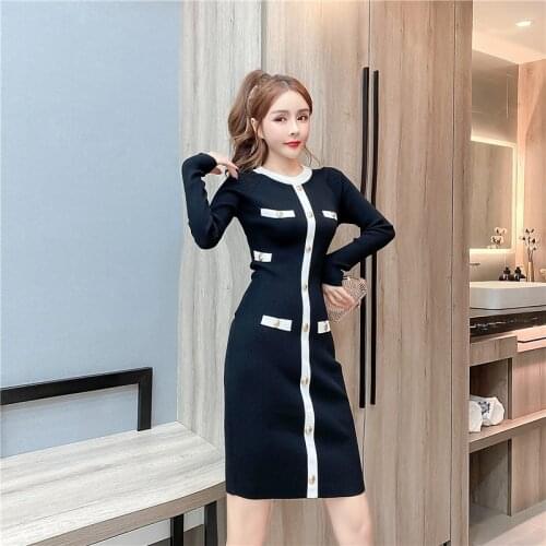 Spring Autumn Womens Dress Korean Style Stitching Round Neck Long-sleeved Dress New Slim Long-sleeved Knitted Dresses LL709