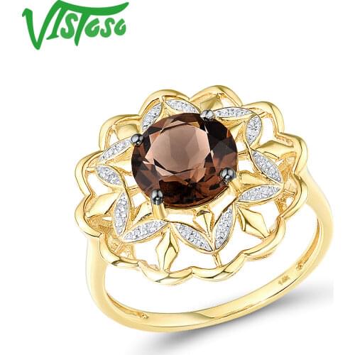 VISTOSO Genuine 14K 585 Yellow Gold Ring For Women Sparkling Smoky Quartz Diamond Flower Ring Luxury Glamorous Gift Fine Jewelry