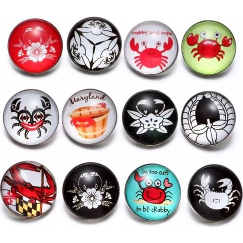 12pcs/lot Cute Crab Pattern Glass Charm 18mm Snap Button Jewelry For 18mm Snaps Bracelet Snap Jewelry KZ0536