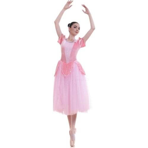 Candy Pink Short Sleeve Romantic Ballet Dance Tutu Long Ballerina Dress Velvet Bodice with Soft Tulle Tutus 18701