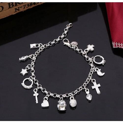 2021 Silvery Fashion Women Charm Pendant Beautiful Bracelet Star Heart Cross Lock Moon Shape Bracelet