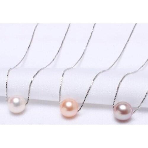 7MM Natural Color AAA Freshwater Pearl S925 Chain Round Pearl Pendant Necklace