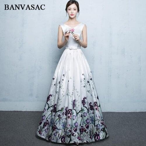 BANVASAC Elegant V Neck Floral Print Draped A Line Long Evening Dresses Party Satin Bow Sash Backless Prom Gowns