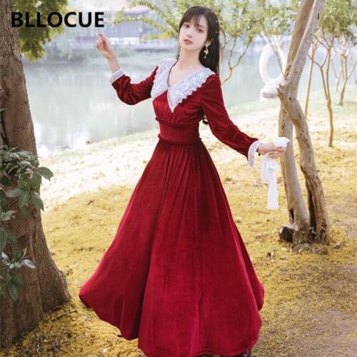 BLLOCUE 2020 Spring Elegant Velvet Dress Women Doll collar Long Sleeve Patchwork High Stretch Waist Vintage Party Long Dress