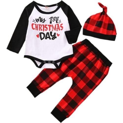 Merry Christmas Striped Bodysuit Pants My First Christmas Hat 3pcs Outfits Set Girl Clothing Newborn Baby Boy Girl Clothes 0-12M