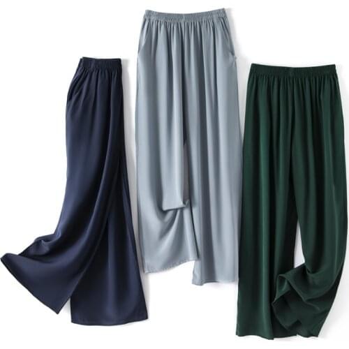 100% Silk Pants for Women High Waist Wide Leg Pant Black Trousers Korean Fashion Summer Pants 2021 Pantalones De Mujer Pph5055