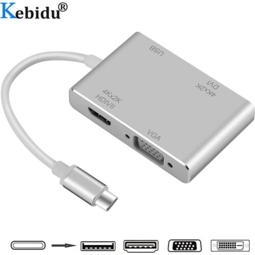 KEBIDU 4 in 1 USB Type C to HDMI-compatible VGA DVI USB 3.0 Adapter Cable for Laptop Apple USB C HUB Splitter