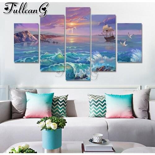 FULLCANG Sea sunset scenery boat bird 5 pcs diy diamond painting large full square round mosaic embroidery multi-picture FC3450