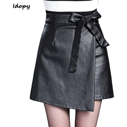 Idopy Womens Cute Faux Leather Skirt Butterfly Knot PU A-Line High Waist Stretchy Mini Skirts For Lady