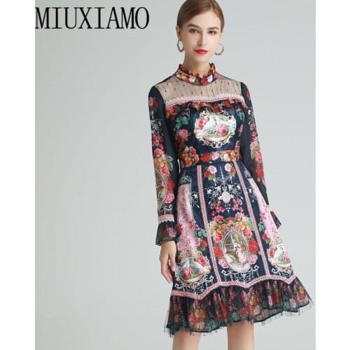MIUXIMAO 2021 Spring Summer New Sexy Mesh Long Sleeve Ruffles Character Flower Print Slim Elegant Midi Dress Women Vestidos