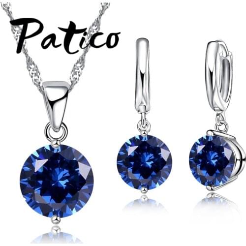 925 Sterling Silver CZ Crystal Romantic Jewelry Sets For Women Wedding Necklace Dangle Hoop Earrings Set 8 Color Options