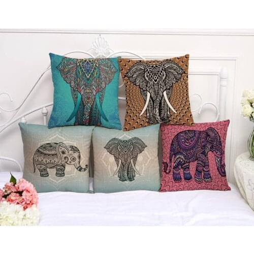 New India Elephant Painting Pattern Cushion Cover Cotton Linen Decorative Pillowcase Chair Seat 45x45cm Pillow Cover A1116