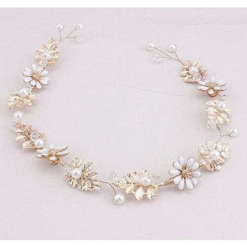 SLBRIDAL Gold Wired Clear Crystals Pearls Flower Leaf Wedding Headband Bridal Stuio Hair Accessories