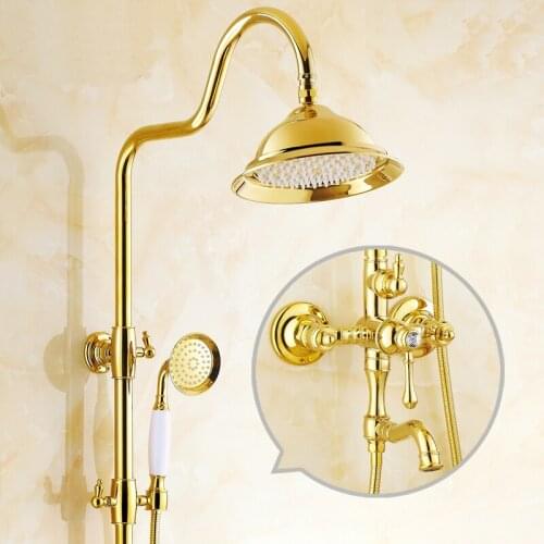 Gold plated rainfall shower faucet mixer,Brass diamond shower water tap doule shower head,Bathroom shower faucet set wall mount