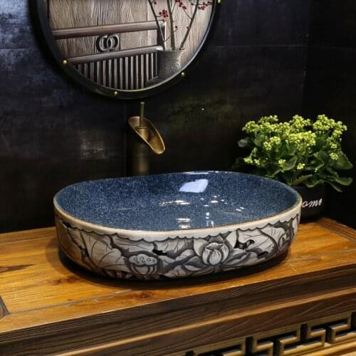 Carved Lotus Chinese Art Table Basin Oval Ceramic Washbasin Antique Table Basin Retro bowl ceramic Wash basin bathroom sink
