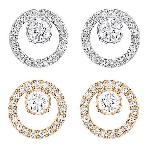 SWA 1:1 Simple Elegant Circle Ear Stud Women White Rose Gold Color