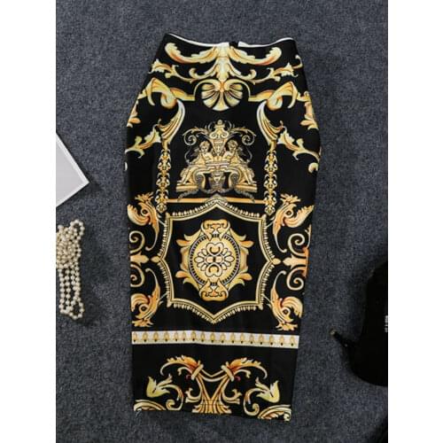 New-Coming European Women Autumn Print Pencil Skirt High Stretch Abstract Pattern Midi Slip Hip Skirt Female